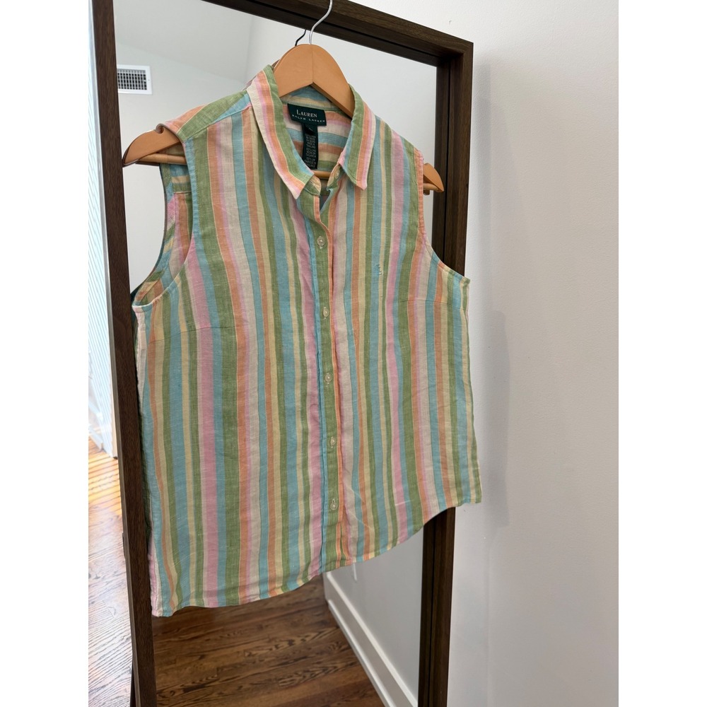 Lauren Ralph Lauren Womens Large 100% Linen Sleeveless Striped Button Down Shirt